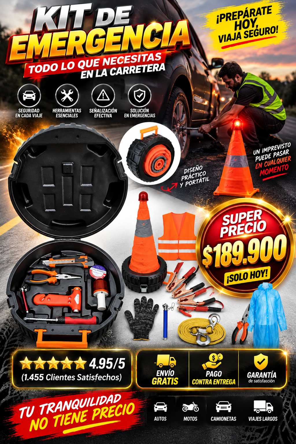 ⛑️ROAD GUARD🛞KIT SEGURO DE CARRETERA IMPORTADO🇺🇸OFERTA DE LANZAMIENTO🎁14 ACCESORIOS