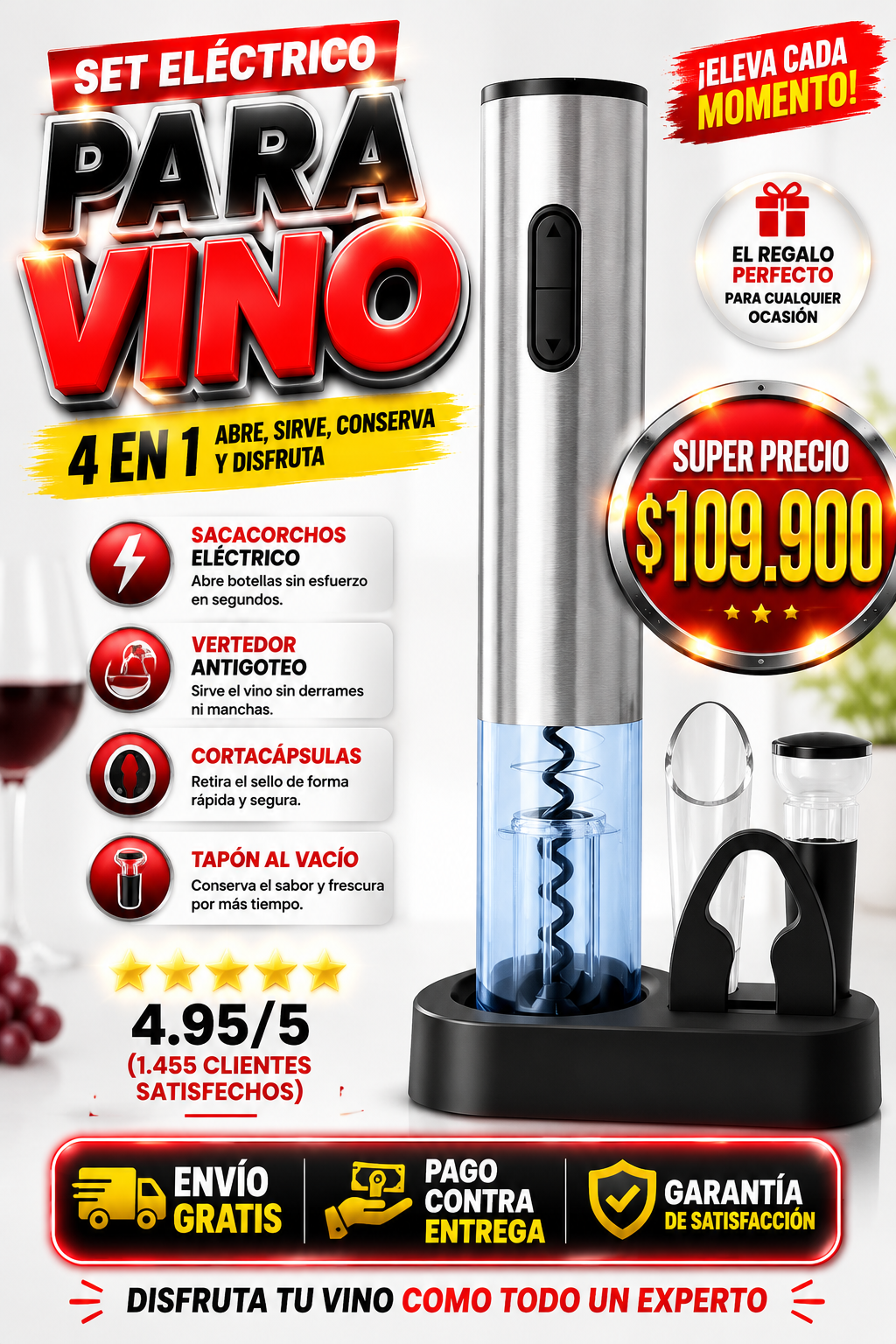 ✨ WINEMASTER Pro🍷DESCORCHADOR PREMIUM💎 ELECTRICO 4 EN 1🥇