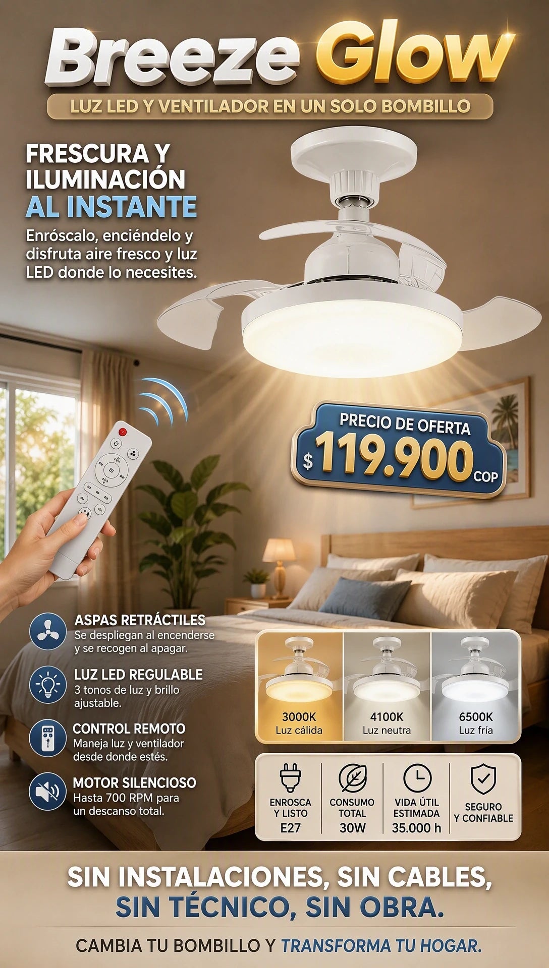 BREEZE GLOW🌬️BOMBILLO VENTILADOR IMPORTADO CON CONTROL REMOTO🥇
